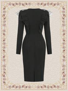 Vintamour Mesh Contrast Long Sleeve Dress - Black - View 2