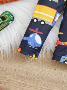 SHEIN 年輕男孩可愛舒適的卡通印花長袖長褲家居套裝 - 黑色 - 查看 3