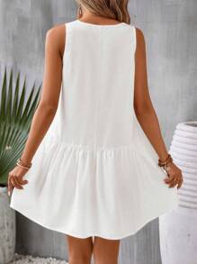 Breezaya Geo Print Notched Neckline Ruffle Hem Smock Dress - White - View 2