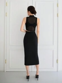 EastFlair 两件套女士中国风无袖印花拼接撞色立领马甲和高开衩纽扣裙套装 - 黑色 - 查看 2