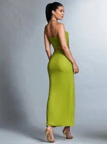 SHEIN BAE Conjunto De Top De Tubo Y Falda Con Dobladillo De Volantes Plisados Para Mujer - Verde - Ver 2