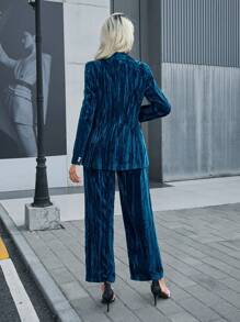 SHEIN Privé Women's Velvet Suit Set With Long Sleeves - Navy Blue - View 2