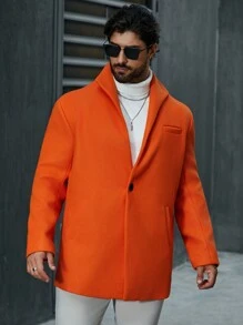 Manfinity Homme 男士大尺寸純色單排扣毛呢大衣 - 橘色 - 查看 1