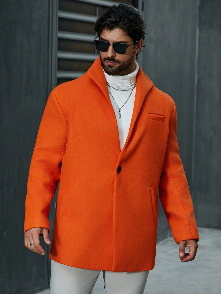 Manfinity Homme 男士大尺寸純色單排扣毛呢大衣 - 橘色 - 查看 1