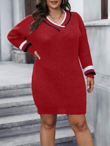 Celure 女裝加大號對比色下擺毛衣裙,不包括腰帶 - 紅色 - 查看 3