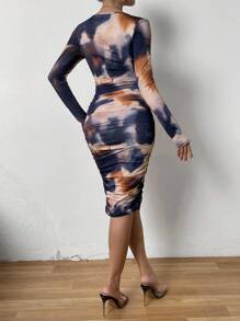 Chiquease Đầm ôm sát cổ tròn xếp ly nhuộm loang - Nhiều màu - Xem 2