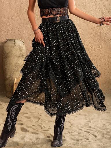 Rusttydustty Cyber Monday Christmas Halloween New Year's Wear Party Summer Women's Black Polka-Dot Multilayer Asymmetric Skirt Beach Outfits Hawaii Tropical Vacation Music Festival Boho Easter
