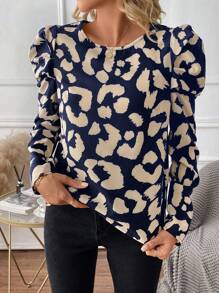 SHEIN Clasi Women's Leopard Print Leg Of Mutton Sleeve Blouse - Blue and White - View 6