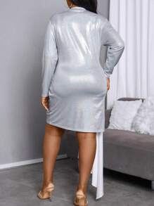 Celure 加大碼金屬拼接流蘇腰帶不對稱裙擺連衣裙 - 銀色 - 查看 2