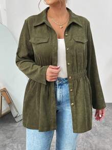 SHEIN Essnce 女款大尺碼正面扣環襯衫,附翻領和翻蓋細節 - 軍綠色 - 查看 6