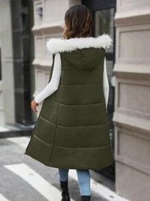 SHEIN LUNE Women'S Sleeveless Padded Padded Coat Clothes Winter With Fur Collar - Army Green - View 2