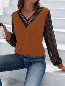 SHEIN LUNE Lace Panel V Neck Blouse - Brown - View 3
