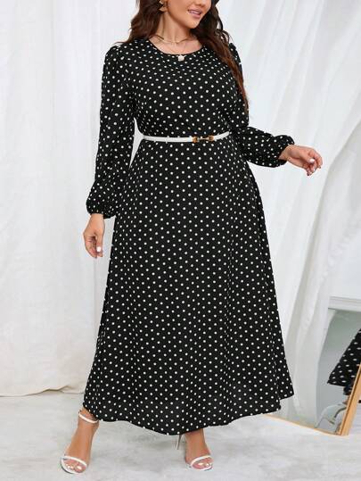 Reflora Plus Size Polka Dot Round Neck Dress