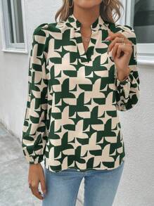 SHEIN LUNE 女款全印花凹口泡泡袖襯衫 - 綠色 - 查看 5