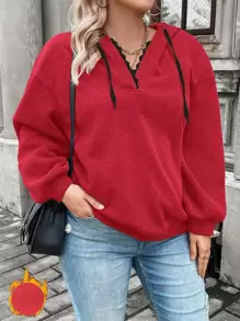 SHEIN Franclia 加大码落肩抽绳卫衣 - 紅色 - 查看 1