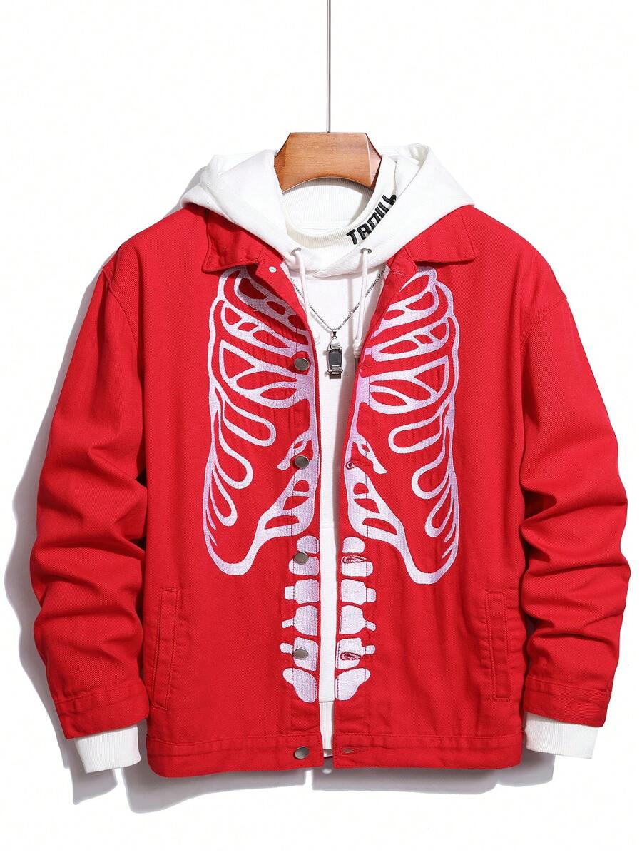 Manfinity LEGND Men's Loose Fit Skull Skeleton Printed Denim Jacket - Red - View 1