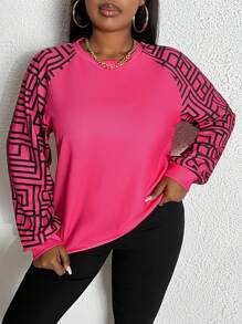 Slaydiva Kích thước lớn Họa tiết Hình học Tay Raglan Áo nỉ - Màu Hồng Tươi - Xem 4