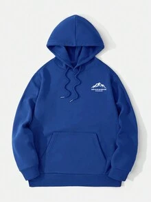 Men's Autumn/Winter Minimalist Mountain Slogan Print Pocket Drawstring Hoodie Sweatshirt - Blue - View 4