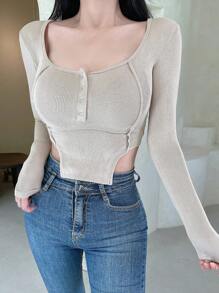 DAZY 女式长袖罗纹针织不对称下摆T恤上衣 - 卡其色 - 查看 7