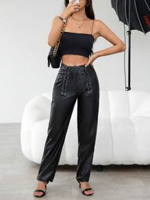 Aveloria 女 Pu 皮繫帶長褲 - 黑色 - 查看 3