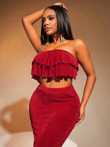 SHEIN SXY 情人節波浪邊背心束頭上衣和流蘇邊裙套裝 - 摩卡棕 - 查看 7