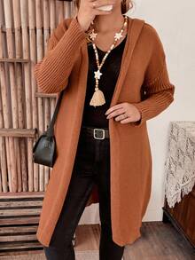 SHEIN LUNE Kích thước lớn Của phụ nữ Màu thuần Mặt trước Áo len Mở - Cà phê nâu - Xem 5