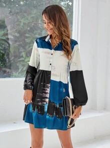 SHEIN Privé Women's Color Block Lantern Sleeve Blouse Dress - Green - View 4