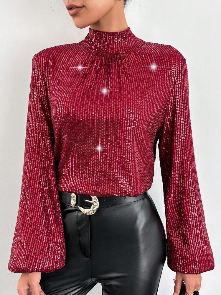Women's Sequin Stand Collar Open Back Blouse