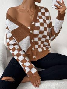 SHEIN Essnce Kẻ sọc Khối màu Nút Lên Áo len Mở - Màu be - Xem 6