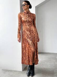 SHEIN Essnce Women's Velvet Button Front Cinching Waist Dress - Multicolor - View 3