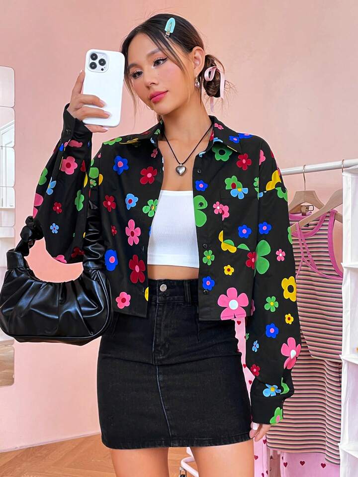 シーン商品ページ SHEIN EZwear レディース カラフル プリント 長袖シャツ | SHEIN