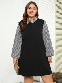 SHEIN LUNE Vestido de manga larga con estampado a cuadros en contraste, para la vuelta al colegio en otoño e invierno, tallas grandes - Negro - Ver 4