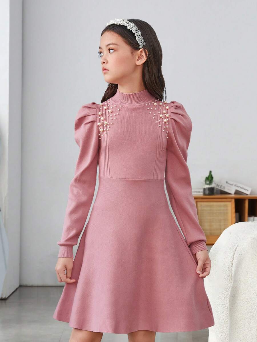 SHEIN Cô gái Tween Giải trí Màu thuần Ống tay áo Đầm Áo len Với Tròn Vòng cổ - Hồng - Xem 1