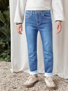 SHEIN Tween Boys Thermal Lined Warm Denim Jeans - Medium Wash - View 1