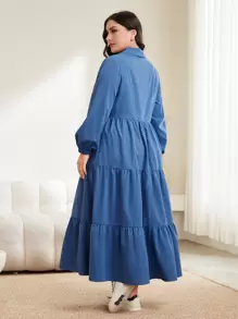 Mulvari Große Größen Einfarbige Kleid Mit Chinesischen Knöpfen, Laternenärmel Und Gerüschten Saum