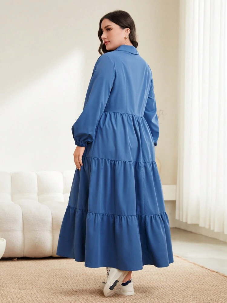 Plus Size Solid Color Dress With Chinese-style Buttons, Lantern Sleeves And Ruffled Hem