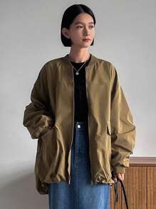 FRIFUL Của phụ nữ Màu thuần Cổ Đứng Thả vai Áo khoác - Cà phê nâu - Xem 1