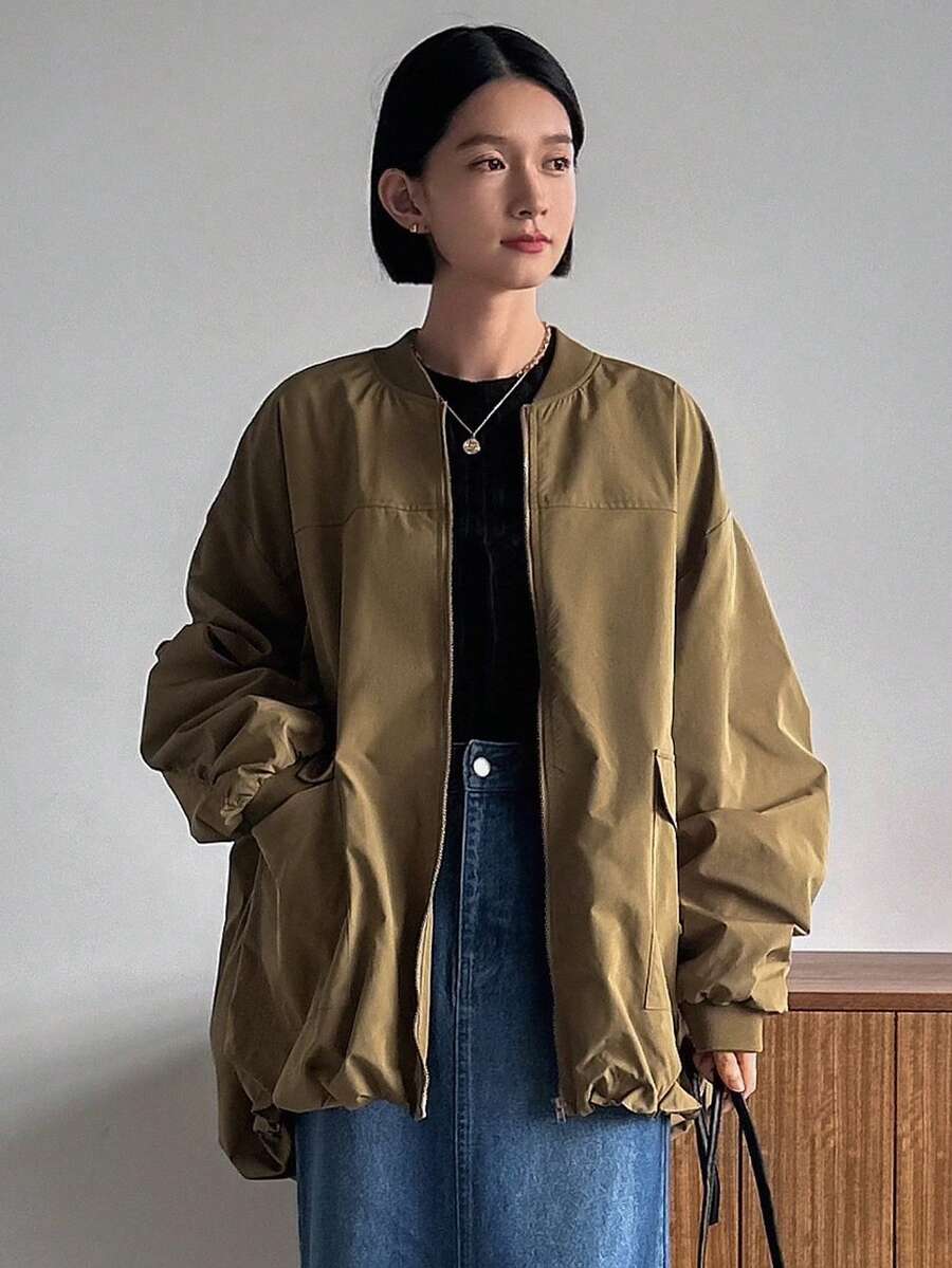 FRIFUL Của phụ nữ Màu thuần Cổ Đứng Thả vai Áo khoác - Cà phê nâu - Xem 1