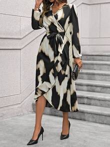 Chiquease Ladies' Asymmetrical Hem Tie Waist Dress With Tie Dye And Ruffle Hem - Coffee - View 4