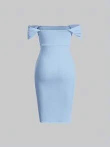 SHEIN MOD 女款露肩荷葉邊修身優雅洋裝 - 淺藍色 - 查看 2