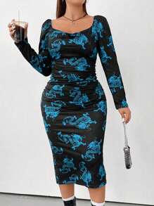 Flirla 大碼龍紋連衣裙 - 水鴨藍 - 查看 1