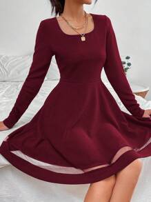 SHEIN Frenchy Solid Contrast Mesh Square Neck A-Line Dress Christmas Winter New Year Elegant Red Evening Dress Burgundy - Burgundy - View 5