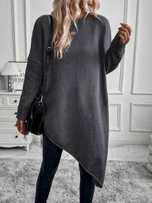 SHEIN Essnce 圓領落肩不對稱下擺毛衣 - 深灰色 - 查看 6