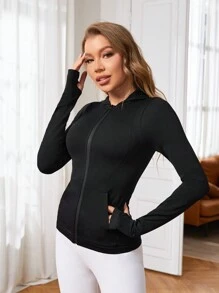 SHEIN Yoga Basic 拉鍊開合長袖女式運動夾克 - 黑色 - 查看 3
