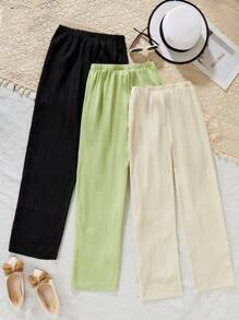 3pcs/set Teen Girls' Long Elastic Waist Straight Leg Pants For Casual Wear, Spring And Summer