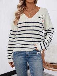 SHEIN LUNE Fashionable Women's Striped Sweater With Letter & Heart Embroidery - Black and White - View 4