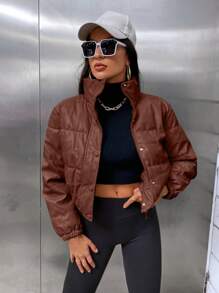 SHEIN EZwear Áo khoác đệm ngắn giản dị màu trơn da PU khóa kéo phía trước cho nữ mùa đông - Cà phê nâu - Xem 3