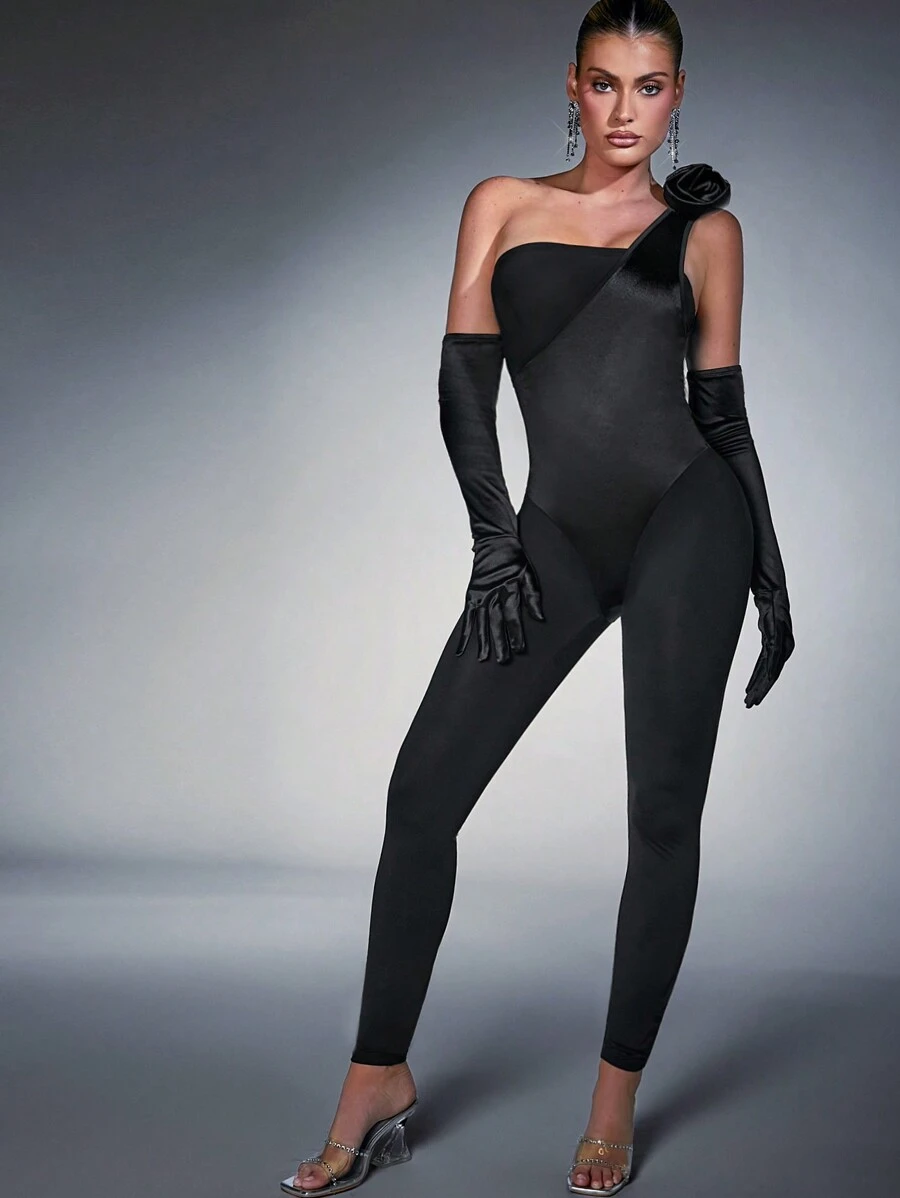 Hauture One Shoulder Rosette Jumpsuit With Gloves - Black - View 1