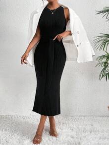 SHEIN Privé Women's Solid Color Belted Sweater Dress - Black - View 4