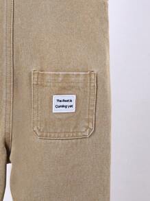 SHEIN 男童復古大學風鬆身舒適牛仔連身褲 - 卡其色 - 查看 6